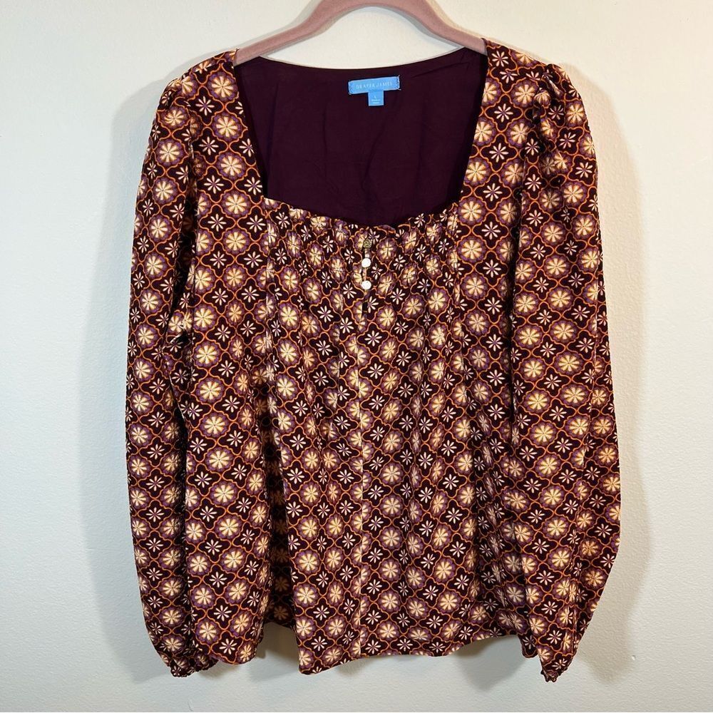 ✨ Draper James Long Sleeve Square Neck Top Purple‎ Orange Large NWT